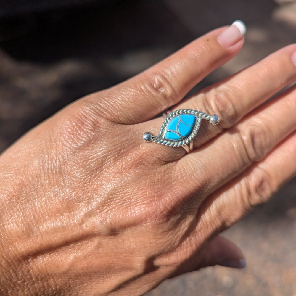 Handmade Zuni Fish Scales Ring Inlay Turquoise Sterling Silver Jewelry Sz 7.25**